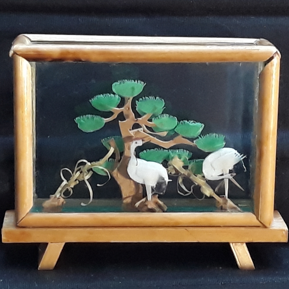 Vintage Miniature Chinese 3D Cranes Landscape Glass Bamboo Diorama Display - Picture 1 of 12
